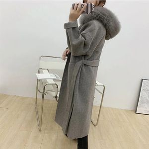 Women's Wool Blends Cashmere Woolen Women Plus Size Coat Long Sleeve Real Fur Hooded Loose Casual Jacket DoubleSided Oversize Overcoat 231218