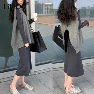 Casual Dresses Autumn Winter Solid Color Loose Pregnant Dress Fashion All-Match Knitting Vest Set Women Lace Up Robe Tank Top Suit