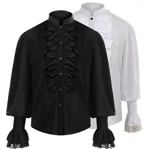 Camisas casuais masculinas Gótico Ruffle Stand Collar Manga Longa Pirata Cosplay Camisa Renda Plissada Punhos Preto Branco Top Stage Performance Roupas