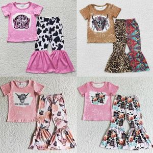 Conjuntos de roupas atacado crianças crianças outfit bebê menina mangas curtas camisa de vaca impressão ocidental bell bottom calças criança infantil conjunto