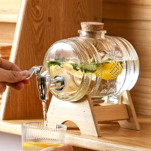 Wine Glasses 1L Glass Whiskey Barrel Wine Barrel Chopp Growler Beer Bottle Fruit Wine Aging Alcohol Honey Storage Container With Base Faucet 231218