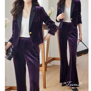 Kvinnors tvåbitar byxor Tesco Fashion Velvet Suit Set Short Blazer Flare Elegant Jacket 2 Royal Blue Female Outfits For Party