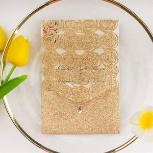10x Rose Gold Silver Glitter Hollow Diamond Card Laser Cut Wedding Invitation Cards Greating Pocket Invite Party Birthday243e