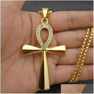 Pendant Necklaces Egypt Iced Out Bling Ankh Cross Pendant Necklace For Women And Men Key Of Life 14K Yellow Gold Egyptian Jewelry Drop Dhlfk