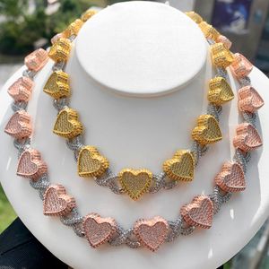 Mens Fashion Chains 18K Yellow Rose White Gold Plated Bling CZ Hearts Cuban Chain Necklace Bracelet Link Jewelry Gift for Men