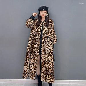 Casual Dresses 2023 Autumn Elegant Leopard Trench Coat Women Polo Collar Windbreaker Long Style Shirt Vestido De Leopardo