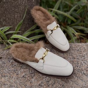 Baotou Embellished Heihaian Metal Suitable Winter Low Heels French Elegant Rabbit Hair Slippers for Women 2 87