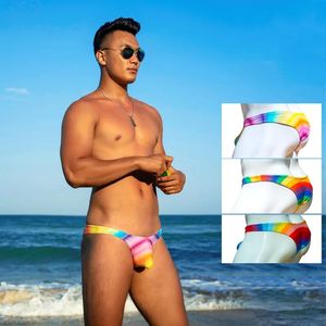 swimwear WD228 sexy bright rainbow men swimwear bikini tight low waist swimsuits hot gay men swim trunks brief different penis pouch size