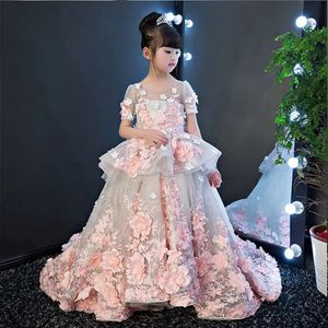 elegant Flower Girls Wedding Dresses Short Sleeves Tulle 2024 Performance Ball Girl Appliques Decorative Holy Communion Dresses