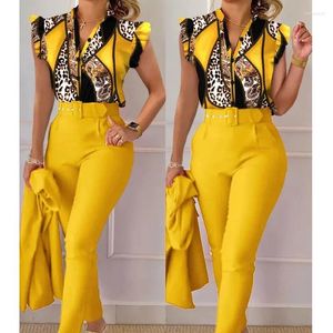 Women's T Shirts Fashion Summer Print Pant Sets Women 2023 Elegant 2 Piece Office Lady Ruffle Sleeve Top Solid Casual Long Pants Outifits