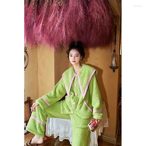 Women's Sleepwear Vanilla Green 2023 Autumn And Winter Ivory Tower Flannel Plush Pajamas Set Home Wear Outerwear For Women