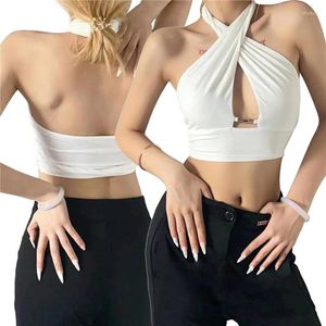 Tanques femininos 2023 Moda Mulheres Cross Halter Ruched Crop Tank Tops Cor Sólida Cor Sem Mangas Open Back Club Colete Verão Fitting Wear