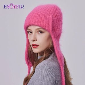 Trapper Hats ENJOYFUR Women Winter Angora Earflaps Hat Warm Fluffy Rabbit Fur Knit Female Thick Fleece Lined Russian 231218