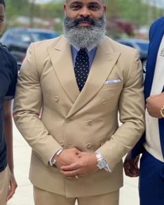 Double Breasted Men Suits Beige Groom Tuxedos Peak Lapel Groomsmen Wedding/Prom/Dinner Man Blazer Bridegroom 2 pieces ( Jacket + Pants + Bow Tie ) L664
