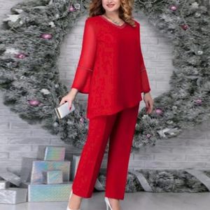 Pantaloni a due pezzi da donna Abbigliamento taglie forti Elegante scollo a V Top Set Orlo irregolare Vestibilità ampia Decorazione con strass per l'autunno primavera