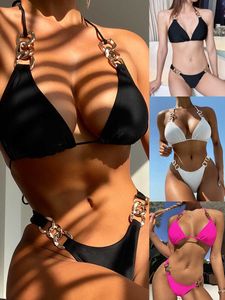 2023 New Swimsuit With Breast Pad Women's Two-piece Swimsuit Chain High-waisted Sexy Bikini T231219