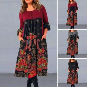 Casual Dresses A-lien Midi Dress Ethnic Print A-line With Long Sleeve High Waist For Fall Spring Women's Retro Style Women Round