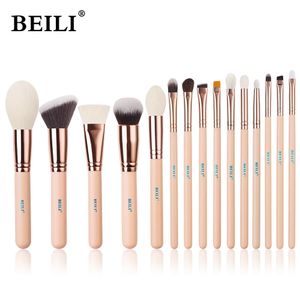 Makeup Brushes Beili 15st Rose Gold Makeup Borstes Pink Natural Goat Hair Foundation Powder Blush Eyeshadow Brush Set Brochas Maquillaje 231218