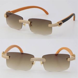 New Micro-paved Diamond Rimless Wooden Womans Sunglasses Original Black Inside Orange Wood mens Rocks Frame Male and Female Eyewea318P