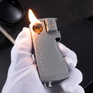 Novo metal à prova de vento charuto butano sem gás chama aberta isqueiro criativo lado pressão ignição incomum high end presente essencial masculino