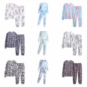 Tie-Dye Pyjamas Set Floral Leopard Tryckt Payamas Långärmad modespårdräkt Dräkt Tvådelar Nattkläder Sleepwear Set Nightgown Home BJ BJ