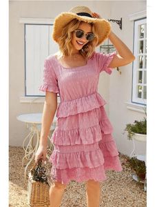 Party Dresses Summer Dress Women Bohemian Solid Ruffled Flounced Robe Female Elegant Short Sleeve Pink CottageCore Vestidos 2023