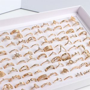 Band Rings 50pcslot Women's Fashion Bohemia Antique Golden Silver Plated Metal Jewelry Finger Mix Style 231218