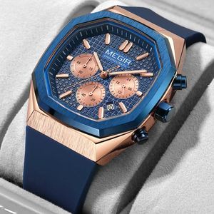 ساعة معصم Megir Sport Chronograph Watch Men Silicone مقاوم للماء مربع مربع فاخر الكوارتز الساعات رجالي Relogio Maschulino