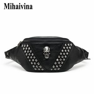 Mihaivina Punk Rivet Skull Men Waist Bag Women Black Fanny Pack Leather Chest s Female Shoulder Messenger Bum s 220216314p