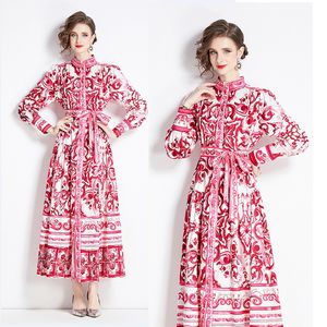 Paisley Imprimir Férias Boho Maxi Vestido Mulher Designer Manga Longa Mock Neck Slim Botão Frente Camisas Vestidos 2024 Primavera Outono Lace Up Bow Runway Cocktail Ballgown