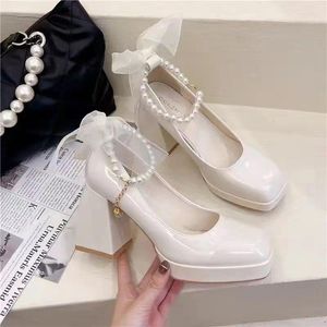 Модельные туфли, женская летняя обувь, белый цвет с квадратным носком для женщин, 2023, туфли на очень высоком каблуке на платформе, в готическом японском стиле, туфли на каблуке Лолиты Young E