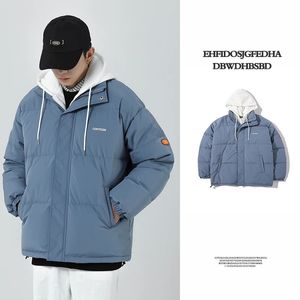 Mäns ner parkas mäns falska tvådelar bomullsjacka vinter lösa förtjockade kläder hong Kong stil trendig streetwear bröd service parka päls 231219