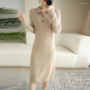 Casual Dresses 2023 Herbst Winter Wollkleid Damen Polo Neck Pullover Pullover Pure Fit Mid Länge Einfarbig Temperament