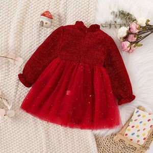 Платья для девочек, рождественское красное платье для маленьких девочек, плюшевое платье с длинными рукавами и золотым бархатом с блестками и галстуком-бабочкой, сетчатое праздничное платье принцессы