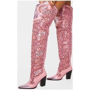 Botas marca moda apontou toe cobra impressão microfibra joelho botas altas sexy sapatos de salto alto mulher senhoras outono inverno botas rosa 231218