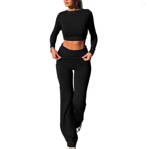 Calças femininas de duas peças 2 peças conjunto de treino de ioga de cor sólida manga comprida gola redonda top alto estiramento corrida leggings esportivas terno ativo