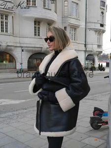 Women's Jackets Fashion Warm Leather Fur Coat Women 2023 Winter Long Sleeve Chic Velvet Lapels Coats Female Street Black Engine Lady Bike Jacket J231219