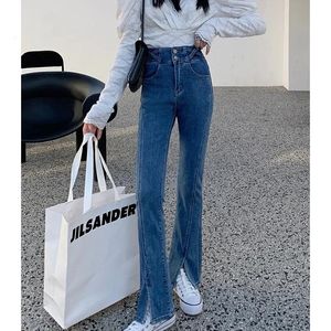 Jeans 2022 Donne primaverili jeans pantaloni di bagliori neri latena anteriore gamba a fessura alta a campana jeans in denim vestiti in denim a tutta lunghezza