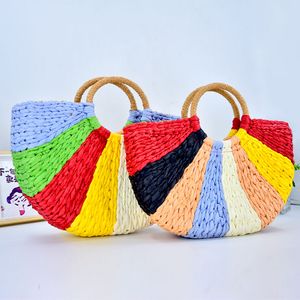 Bolsa feminina listrada colorida tecida à mão, nova meia redonda mão francesa tecida à mão, bolsa de praia para férias na praia, comprimento superior 43cm, altura 45cm, largura da costura lateral 10cm, iridescente