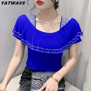 Kvinnors t skjortor sommar europeiska kvinnor t-shirt kläder chic sexig fyrkantig nacke lapptäcke ruffle shiny diamanter