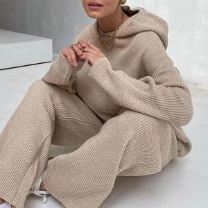 Sets Frühling Herbst Gestrickte Zwei Stück Set Frauen Mit Kapuze Pullover Breite Beine Hosen Trainingsanzug Weibliche Lose Feste Beiläufige Chic Anzug outfits