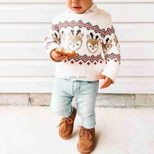 풀오버 크리스마스 유아 아기 스웨터 겨울 귀여운 긴 소매 유아 유아 축제 사슴 인쇄 의류 어린이 스웨트 셔츠 슬러 셔츠 SL231215