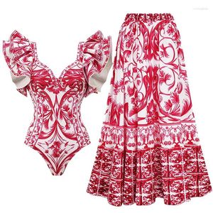 Women's 2PC Cover-up Swimsuit Ruffle Solid Printed Deep V One-piece Monokini Kimono Bikini Suit Summer Beachwear