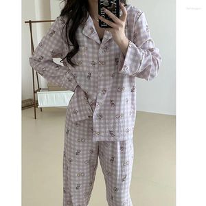 Women's Sleepwear Women Purple Cotton Floral Plaid Print Pajamas Long Sleeve Pijama Button Loungewear 2 Piece Sets Home Clothes