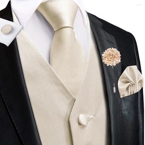 Mäns västar Hi-Tie Solid Silk Mens Champagne Pink Blue Red Black Waistcoat Tie Hanky ​​Cufflinks Brosch Set Wedding Formal Business Gift