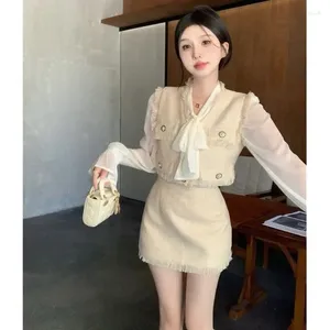 ワークドレス気質粗いツイードvネックコートスカートスカートボウシャツ3ピースセット女性韓国ファッションタッセルレースアップソリッドスリム秋のスーツ