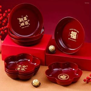 Plates Plastic Spring Festival Snack Plate Round Flower Shaped Red Storage Anti-fall Table Serving Tray Year