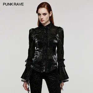 Camicette da donna PUNK RAVE LOLITA Camicia con maniche svasate fantasia Squisita decorazione in pizzo gotico Party Club Top neri Abbigliamento donna