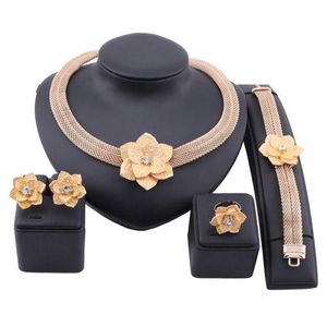 African Gold Color Flower Jewelry Sets For Women Bridal Wedding Gifts Party Necklace Earrings Ring Set Saudi Arabia Jewellery3040