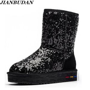Plush 360 Äkta bomulls paljetter Kohude Snow Boots Kvinnor Winter Leather Warm Shoes 35-40 231219